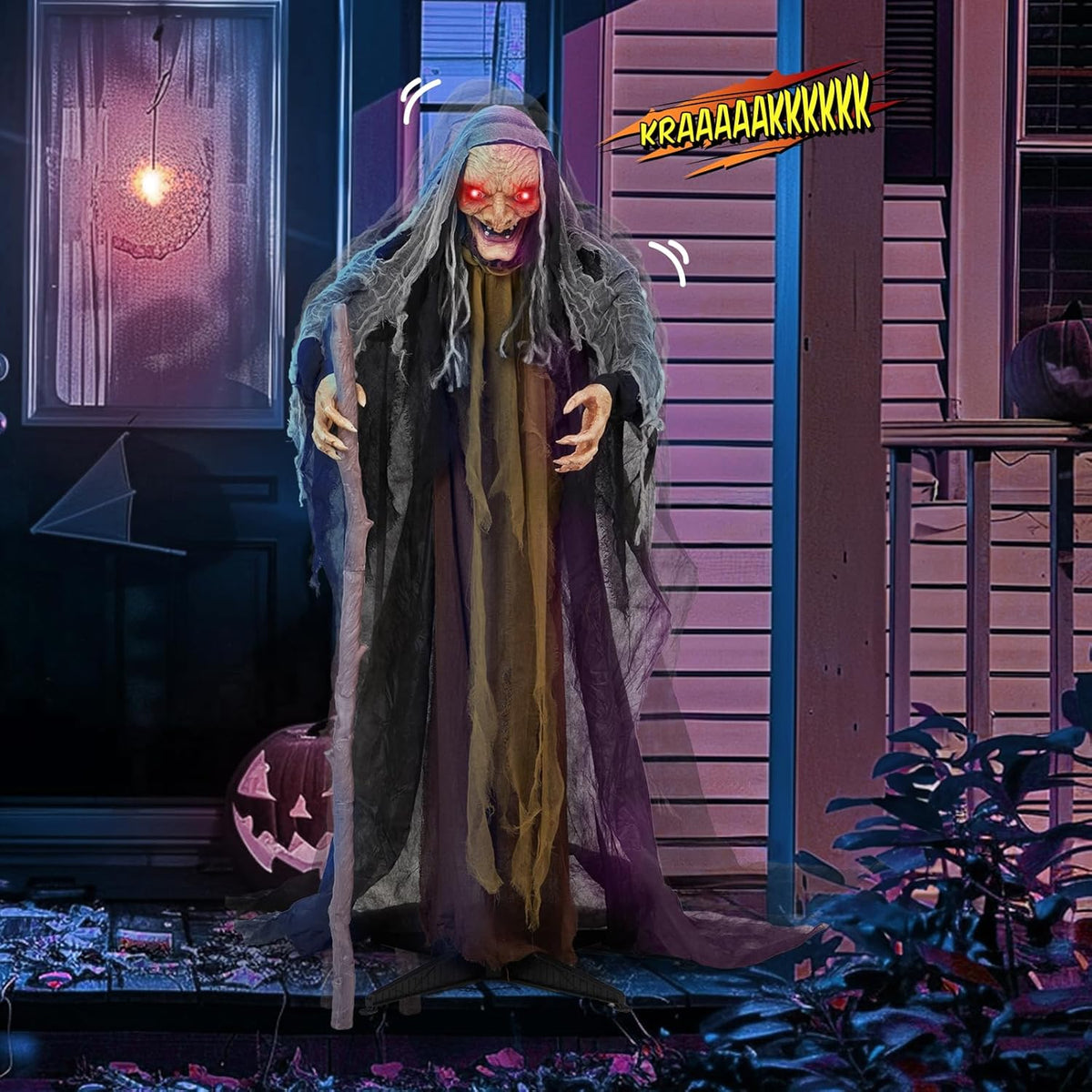 AW Animated Halloween Decorations,Scary Witch with Crutch,5.3FT Life Size Standing