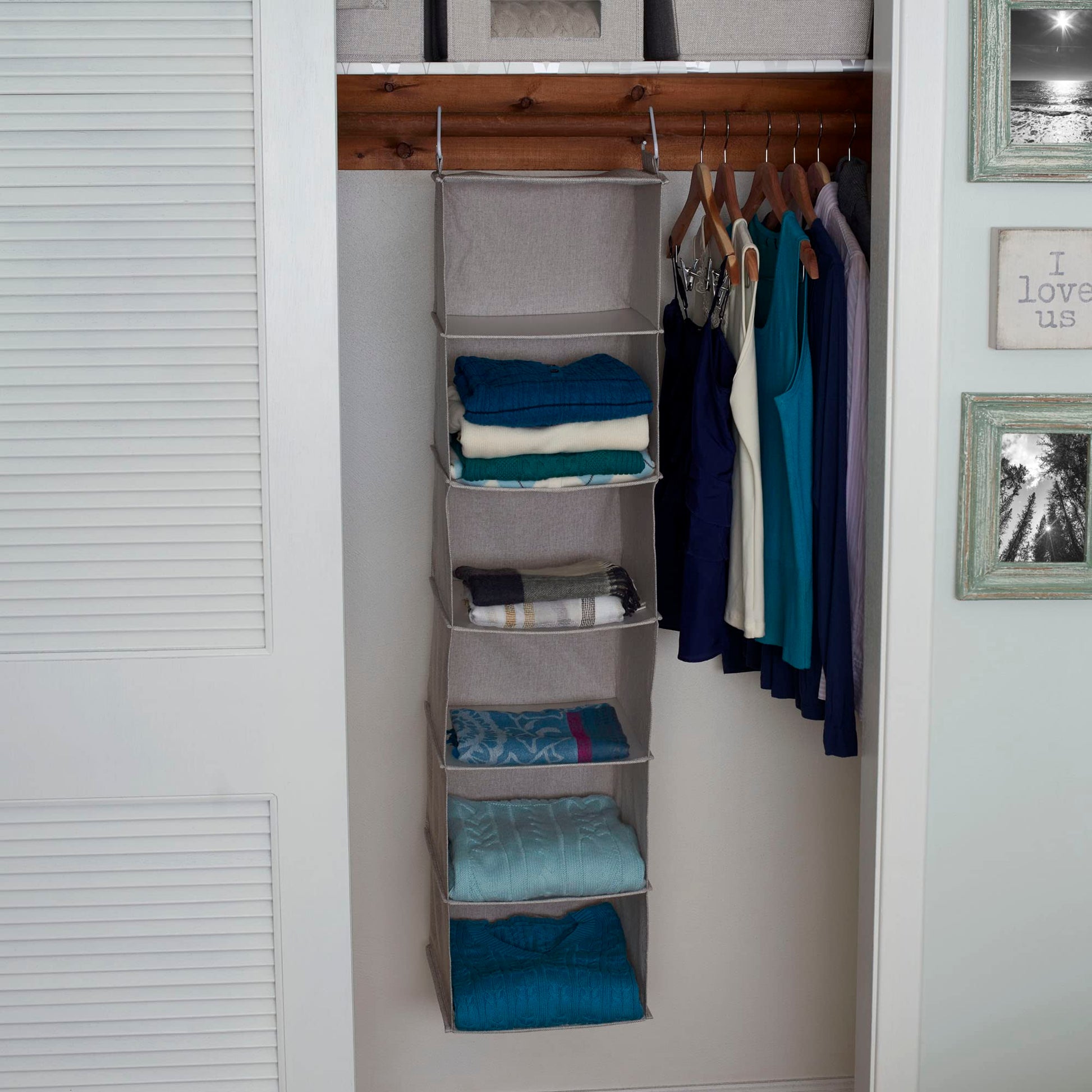 Household Essentials 6 Shelf Hanging Closet Organizer, Hanging Closet Shelf, Fabric Poly Linen and