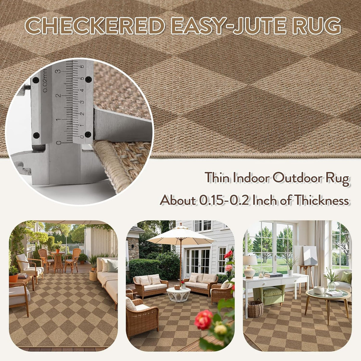 Lahome Checkered Easy Jute Rug 8x10, Washable Rugs for Living Room Dining Room Farmhouse Indoor