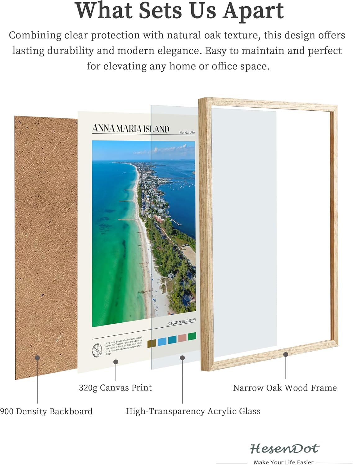 HesenDot Natural OAK Wood Framed Anna Maria Island Wall Art,12x16in Florida Seascape Canvas Wall