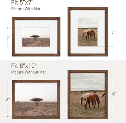 8x10 Picture Frame Set of 4 Natural Solid Walnut Photo Frames with 5x7 Removable Mat Wall Hanging