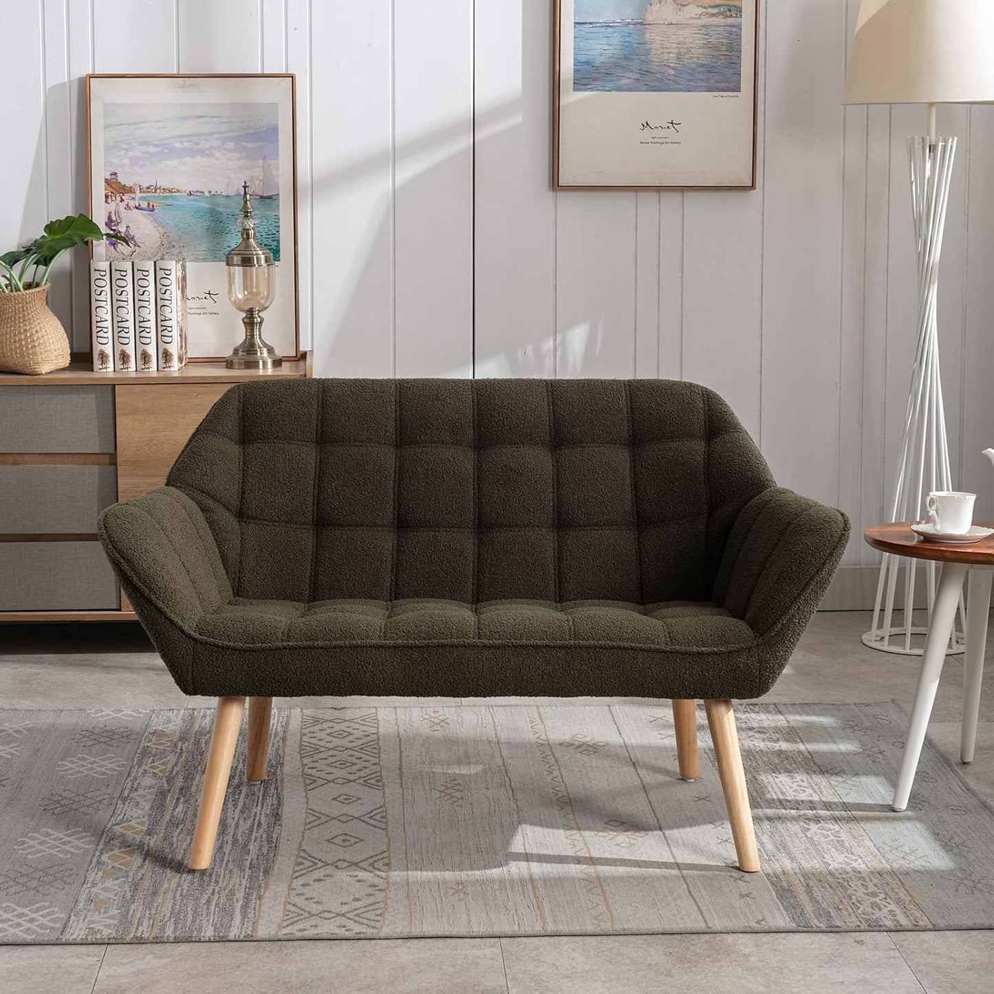 48" Small Loveseat Sofa, Modern Sherpa Mini Sofa Couch 2-Seater Fluffy Love Seat with Quilting