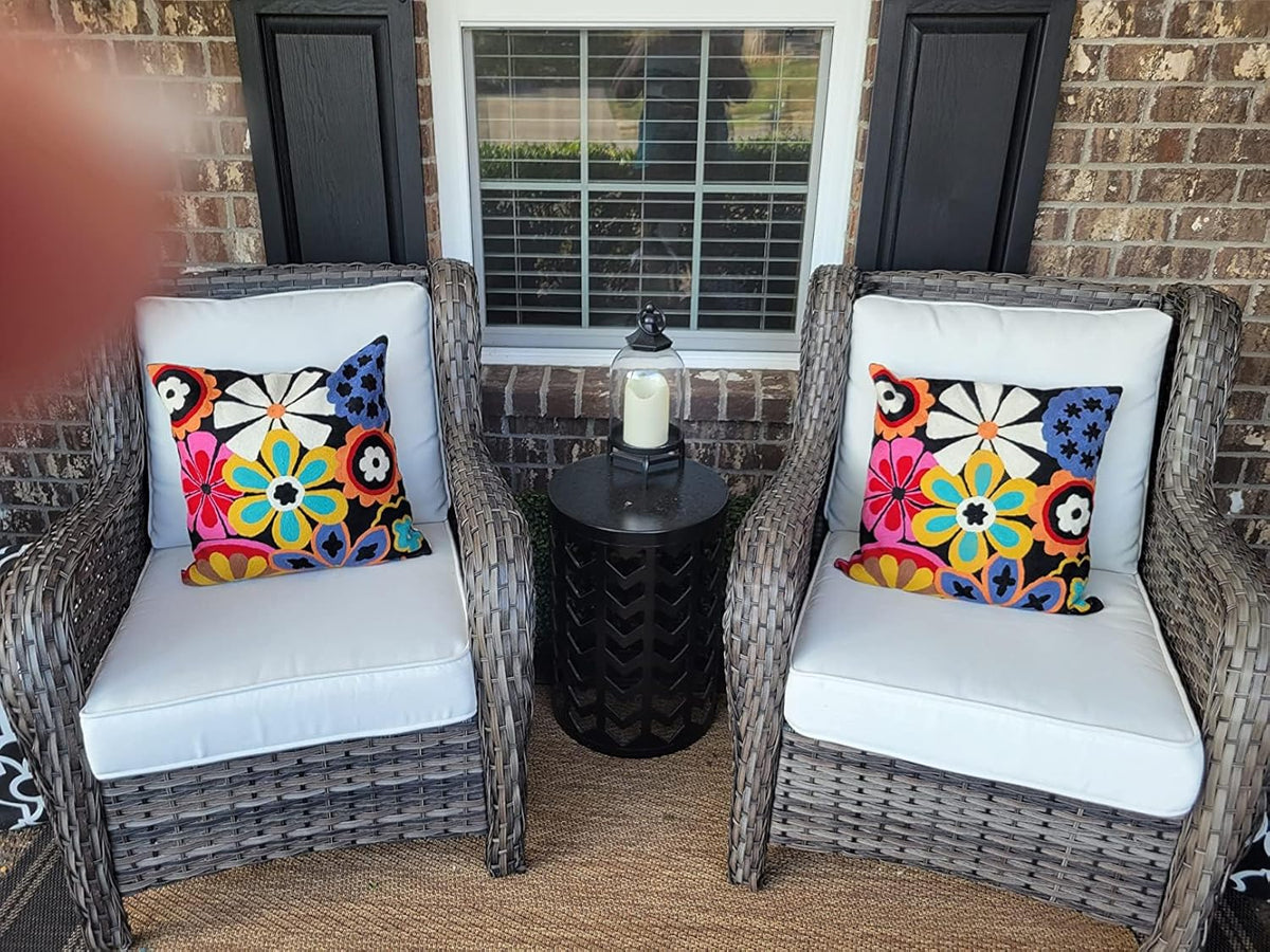 Modern Black Daisy Floral Pillow Cover Accent Flower Traditional Pillowcase Hand Embroidered