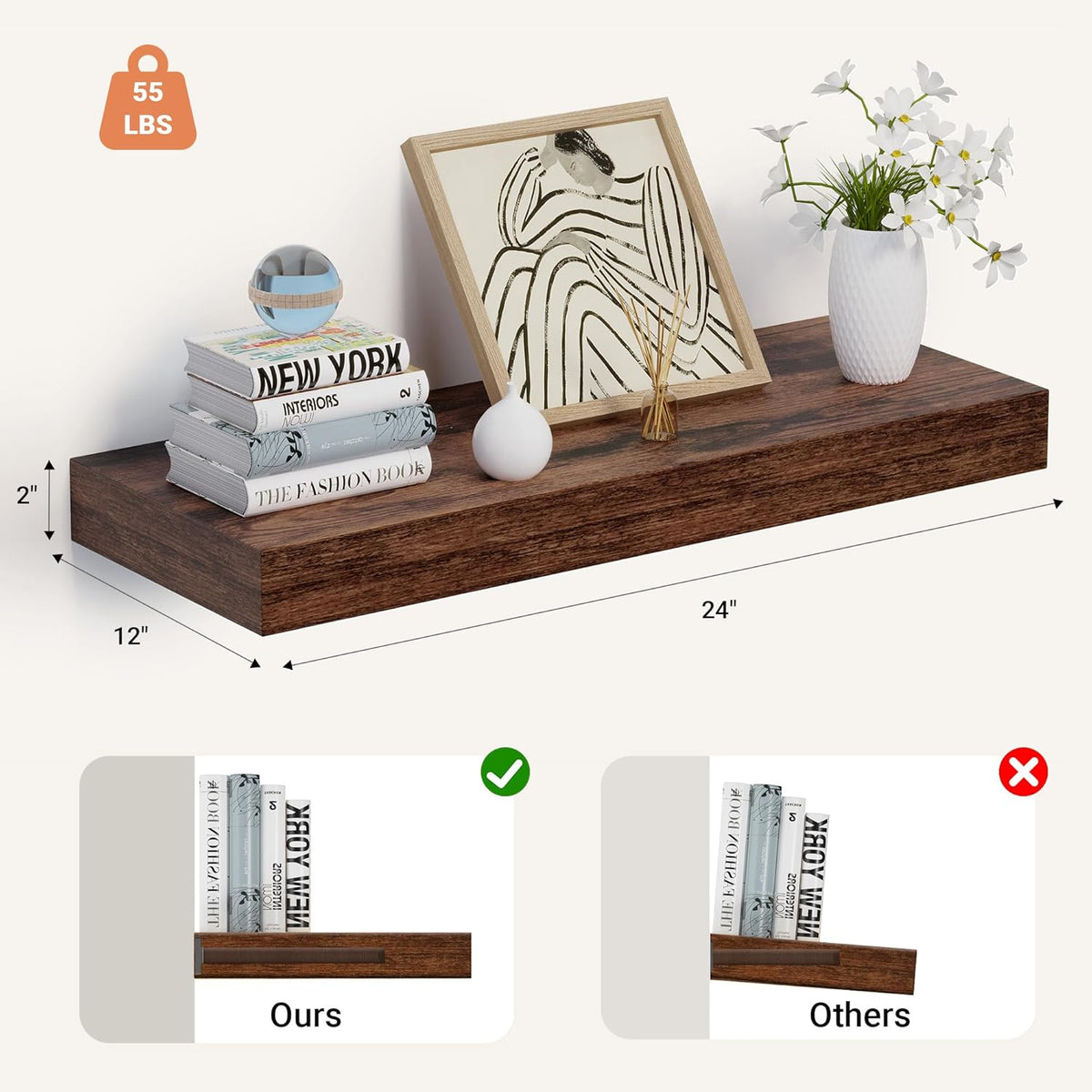 Heimlove 24 x 12 Inch Deep Floating Shelves Wall Mounted with Invisible Brackets,Storage Hanging