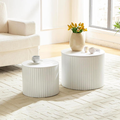 Nesting Cofee Tables Set of 2 with Storage, Modern Round Wooden Coffee Table Circle Side Tables