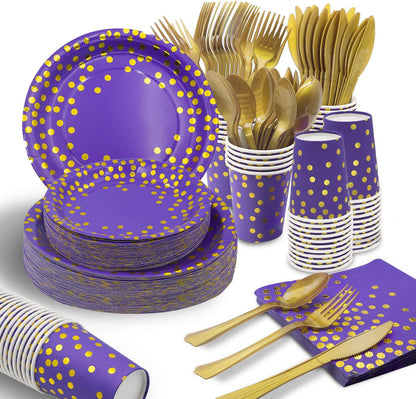 AIRE 350PCS Purple Gold Paper Plates Party Supplies for 50 Guests Party Decorations Disposable