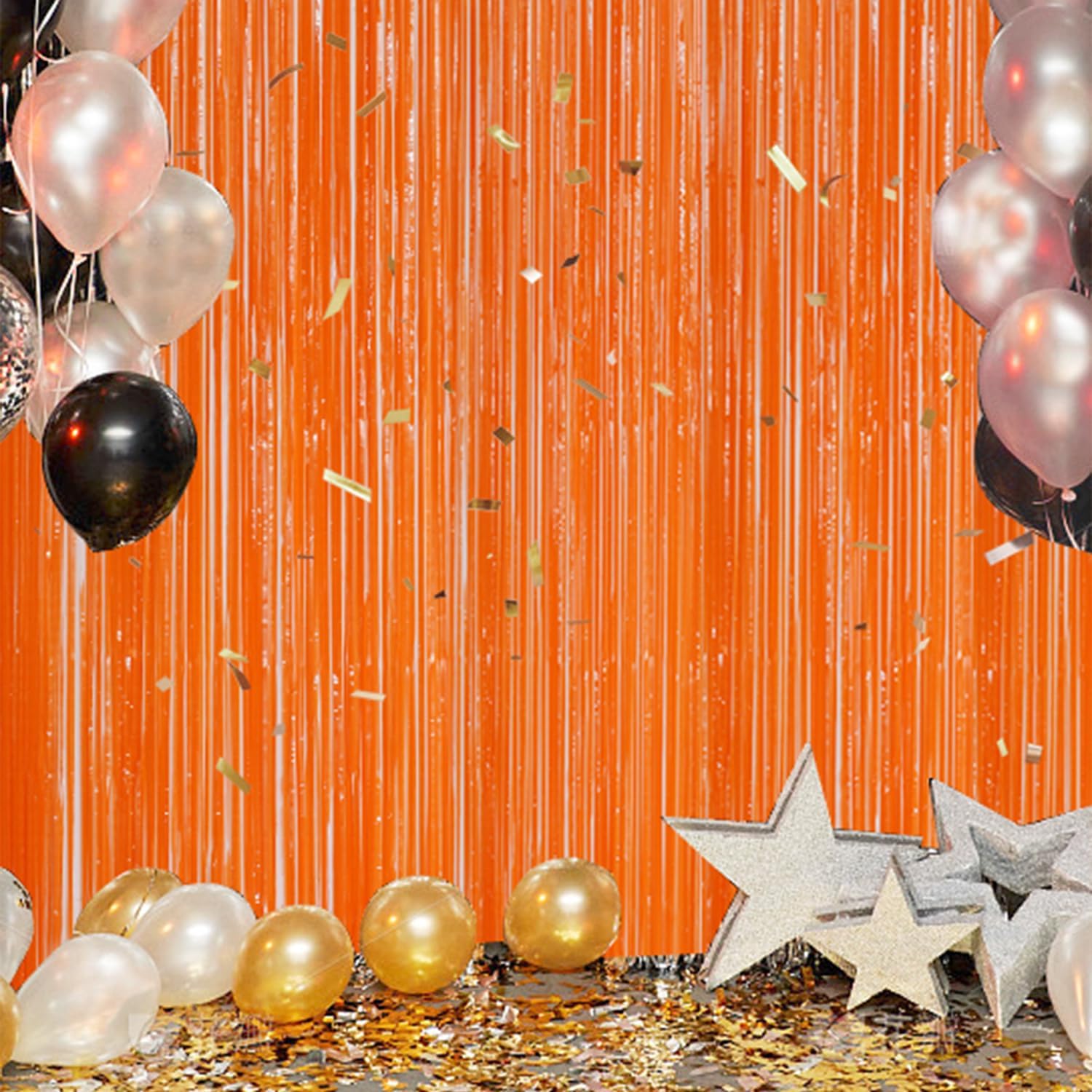 3 Pack Foil Fringe Backdrop - Orange Shiny Tinsel Curtains for Party Decoration/Photo Booth Props