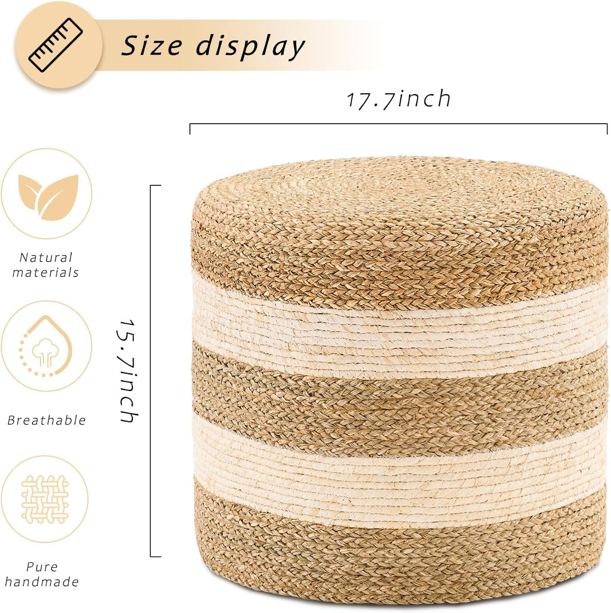 Handwoven Ottoman Pouf, Natural Seagrass Footstool, Round Braided Outdoor Seat with Sturdy Frame