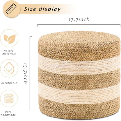 Handwoven Ottoman Pouf, Natural Seagrass Footstool, Round Braided Outdoor Seat with Sturdy Frame