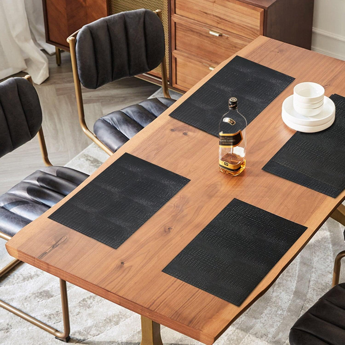 Faux Leather Hardboard Placemats, Set of 6 PU Table Mats, Easy to Clean, Heat & Stain Resistant for