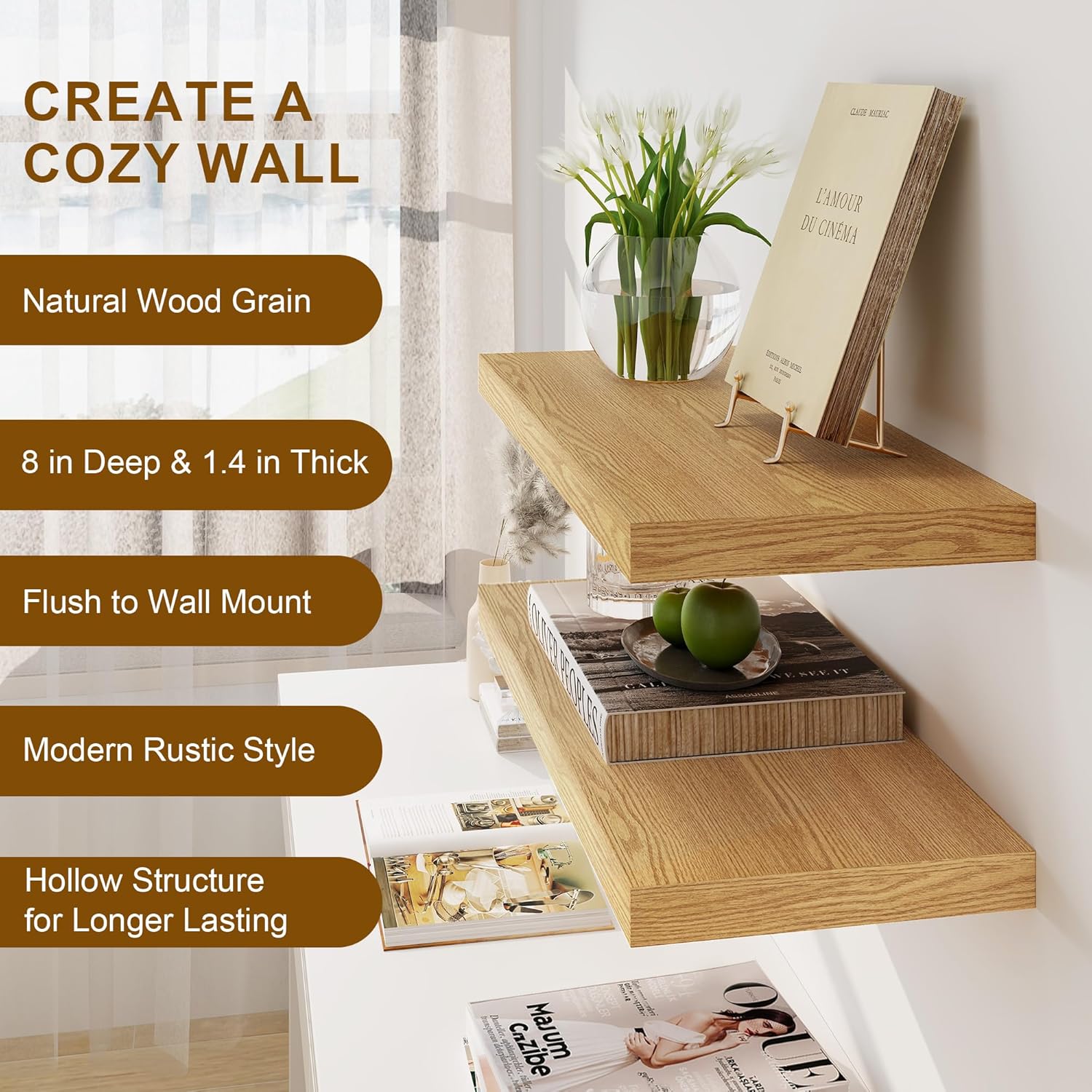 Floating Shelves for Wall, 8 Inch Deep Floating Shelves, 24"W x 8"D Wall Shelves Set of 2, Rustic
