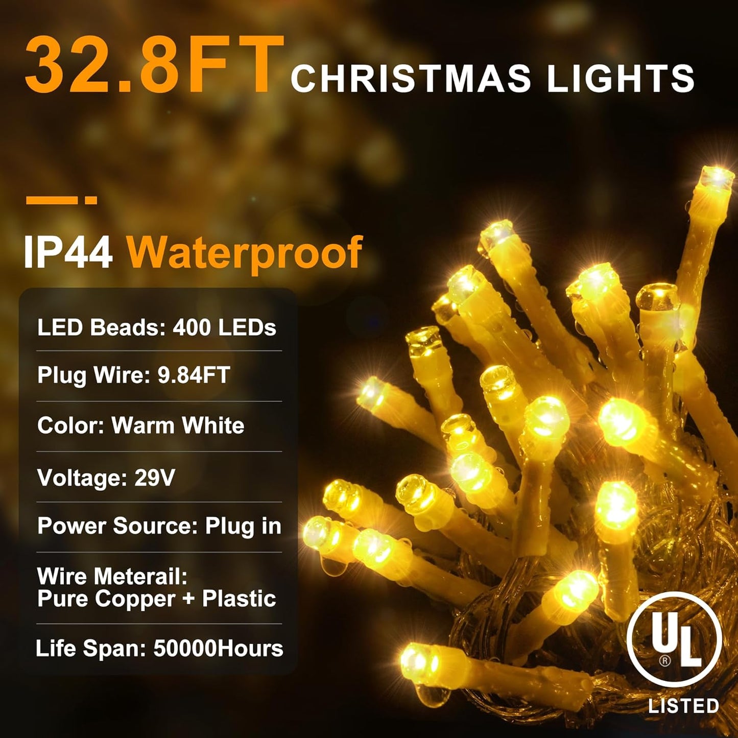 KNONEW Christmas Lights Outdoor Decorations 400 LED 33ft 8 Modes Curtain Fairy String Light with 75