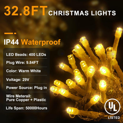 KNONEW Christmas Lights Outdoor Decorations 400 LED 33ft 8 Modes Curtain Fairy String Light with 75