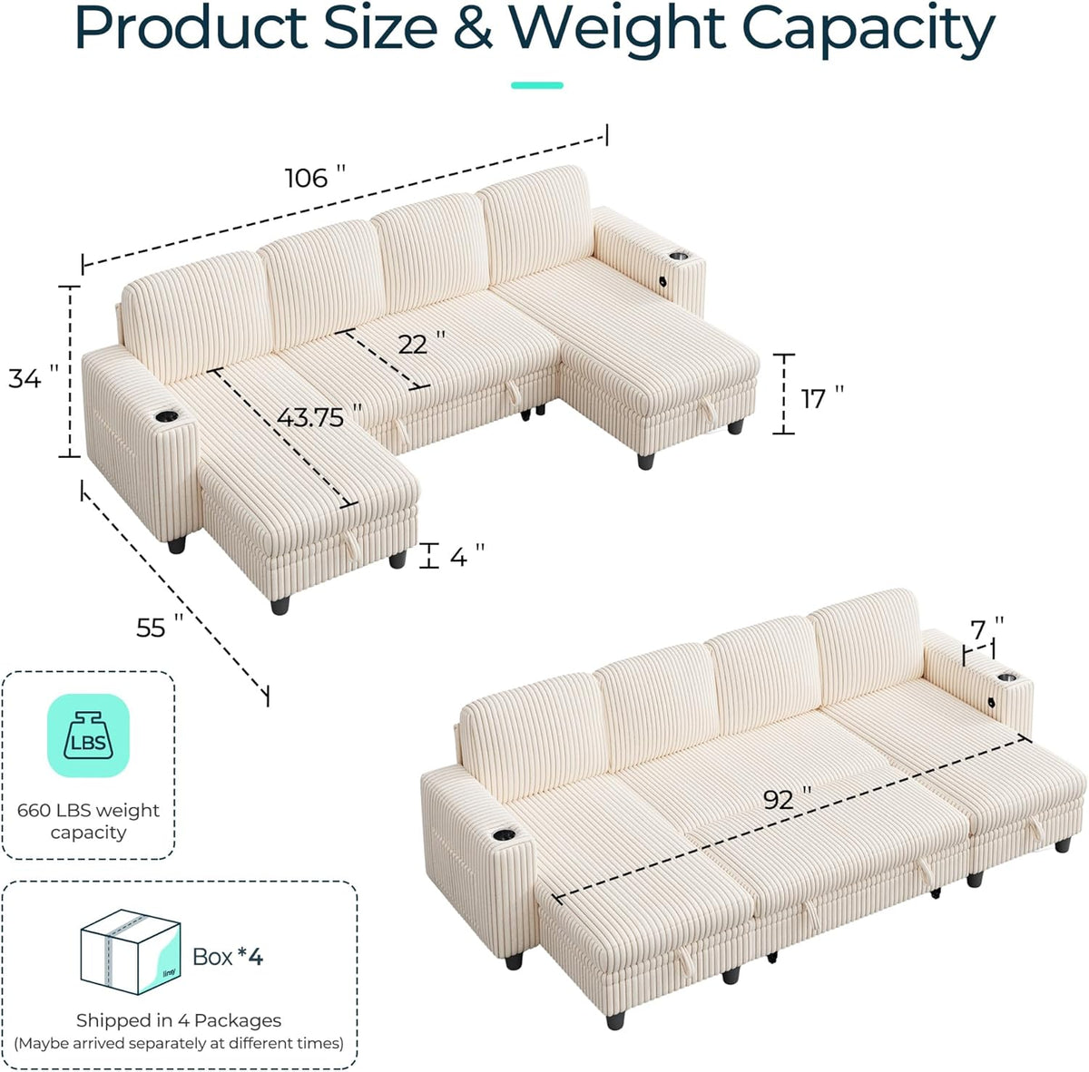 LINSY HOME Sectional Sleeper Sofa with Pull Out Couch Bed - Convertible Plush Corduroy Cloud Couch
