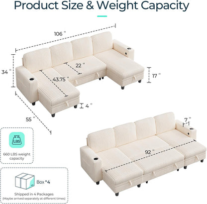 LINSY HOME Sectional Sleeper Sofa with Pull Out Couch Bed - Convertible Plush Corduroy Cloud Couch