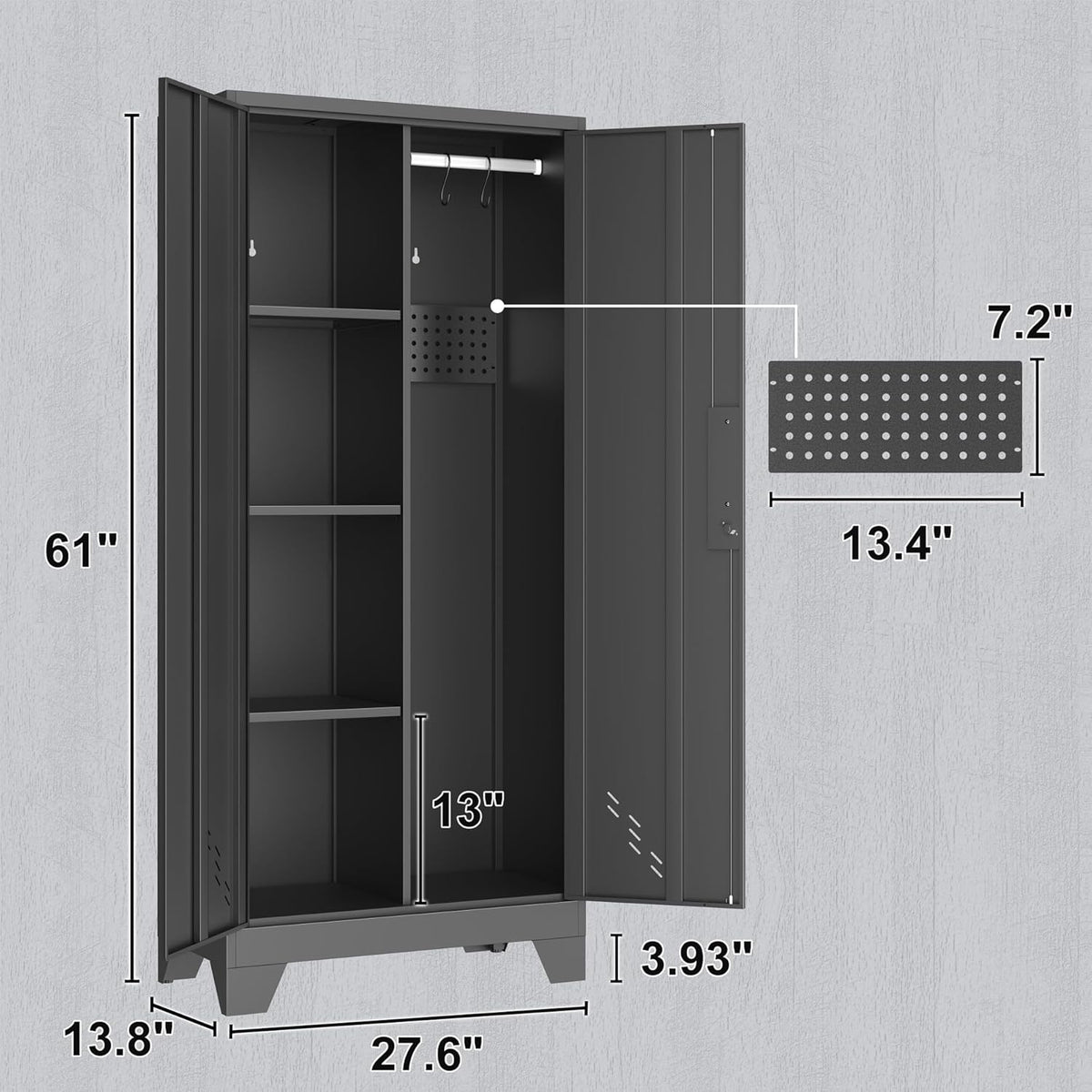 Metal Storage Cabinet with Locking Doors, 61" Tall Garage with Hanging Rod, Broom Closet