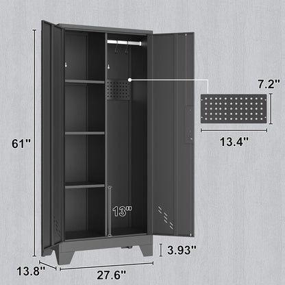 Metal Storage Cabinet with Locking Doors, 61" Tall Garage with Hanging Rod, Broom Closet