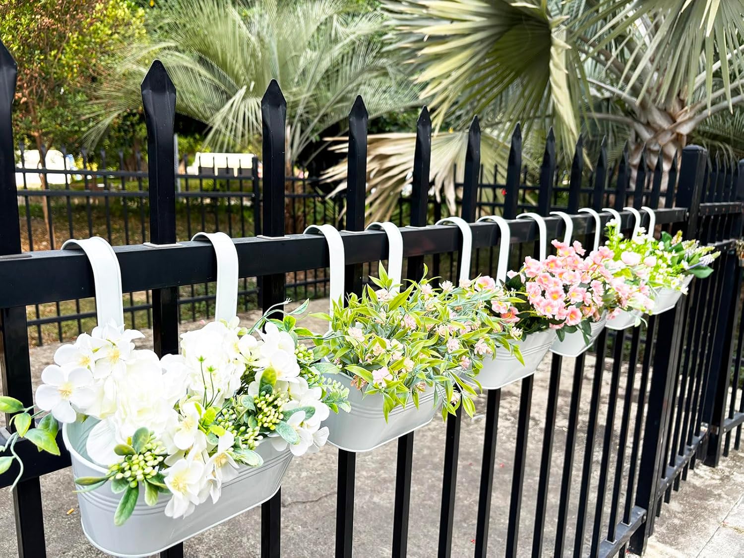 10" Hanging Flower Pots, Pack of 4 White Metal Outdoor Patio Balcony Planter, Railing Planters