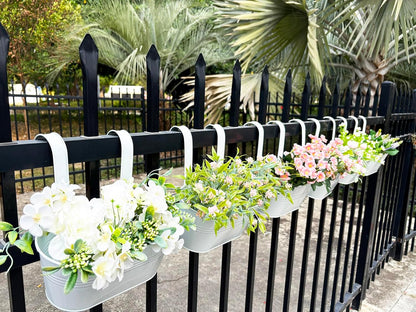 10" Hanging Flower Pots, Pack of 4 White Metal Outdoor Patio Balcony Planter, Railing Planters