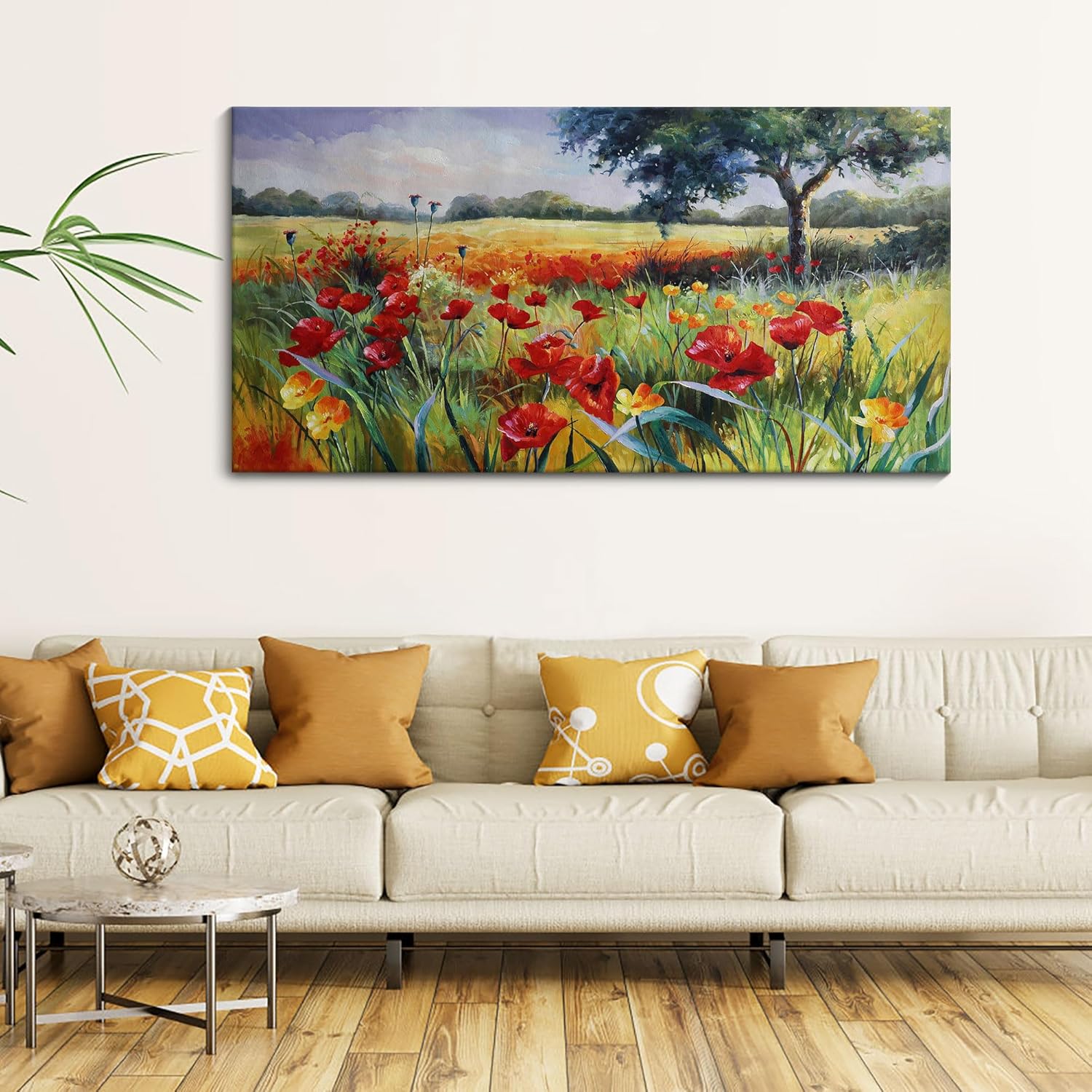 Wall Decor for Living Room Large Wall Art Green Trees Red Yellow Flowers Canvas Art Wall Decor for