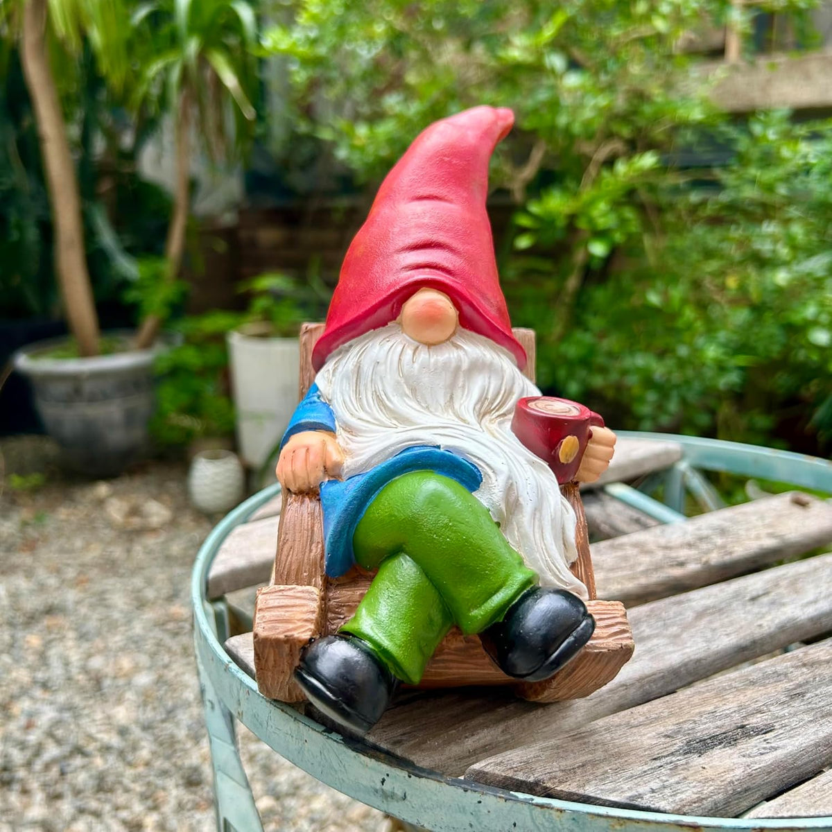 Drinking Coffee Faceless Garden Gnome Statue Decoration 7.1" Figurine Ornament for Indoor Outdoor