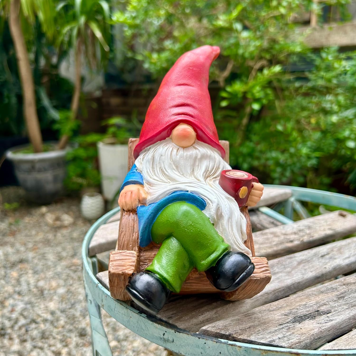 Drinking Coffee Faceless Garden Gnome Statue Decoration 7.1" Figurine Ornament for Indoor Outdoor