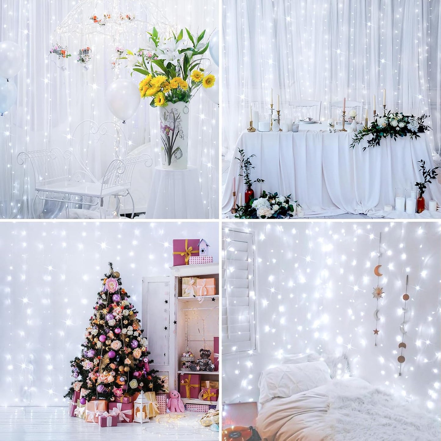 suddus White Curtain Lights for Bedroom Wall, 200 Led Twinkle Lights with Remote 8 Modes Timer, USB