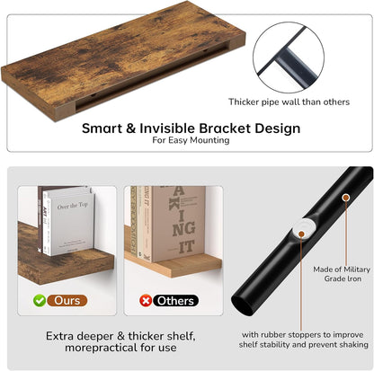 Floating Shelves - 2 Pack 9 Inch Rustic Wooden Wall Shelves - Extra Deeper & Thicker Wall Mounted