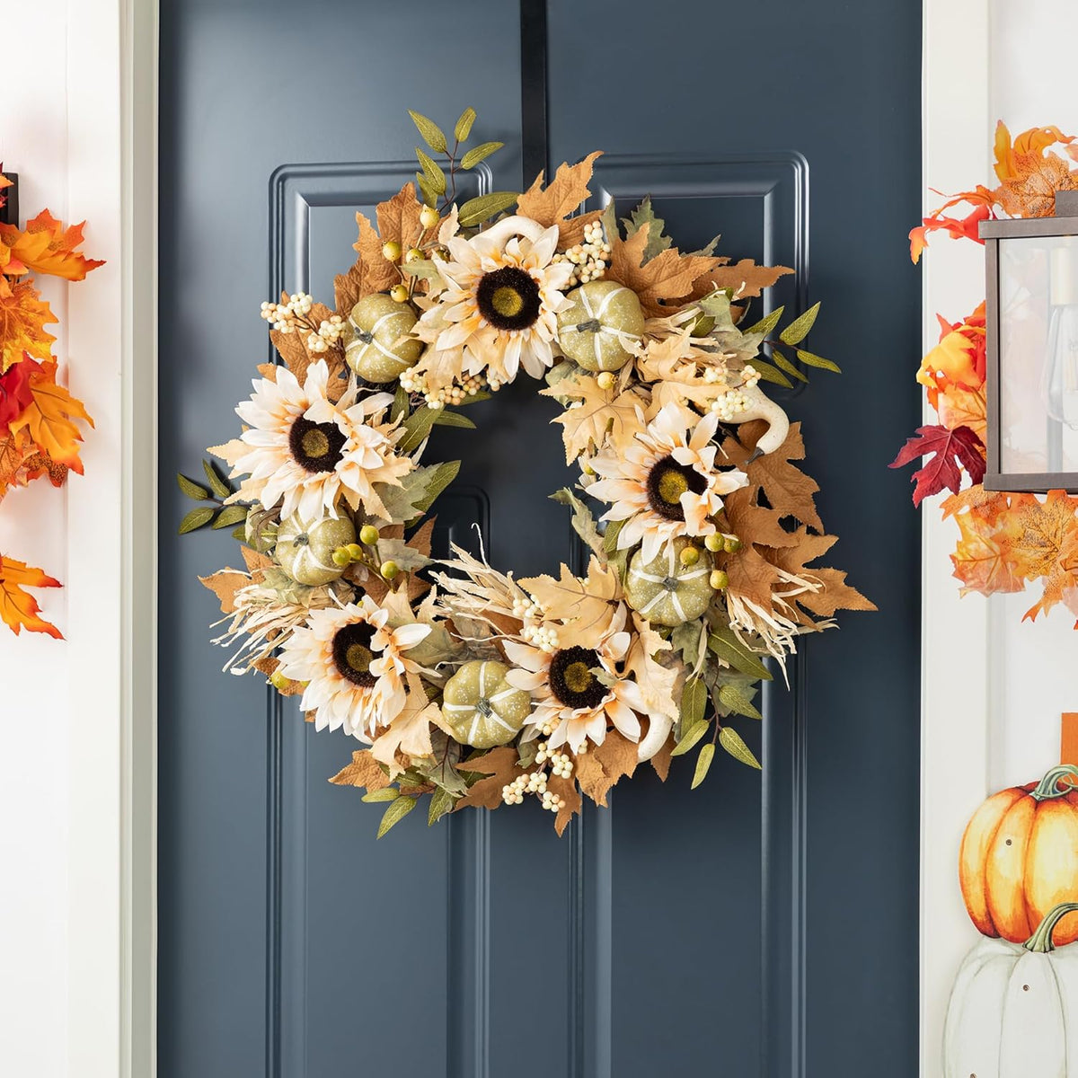 Glitzhome 24''D Artificial Fall Wreath for Front Door, Autumn Wreath with Sunflower, Pumpkin and
