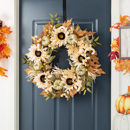 Glitzhome 24''D Artificial Fall Wreath for Front Door, Autumn Wreath with Sunflower, Pumpkin and