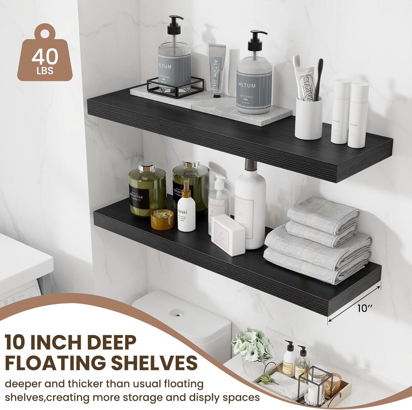 Fun Memories Floating Shelves for Wall 36 Inches, Wood Shelves with Invisible Bracket, 10" Deep