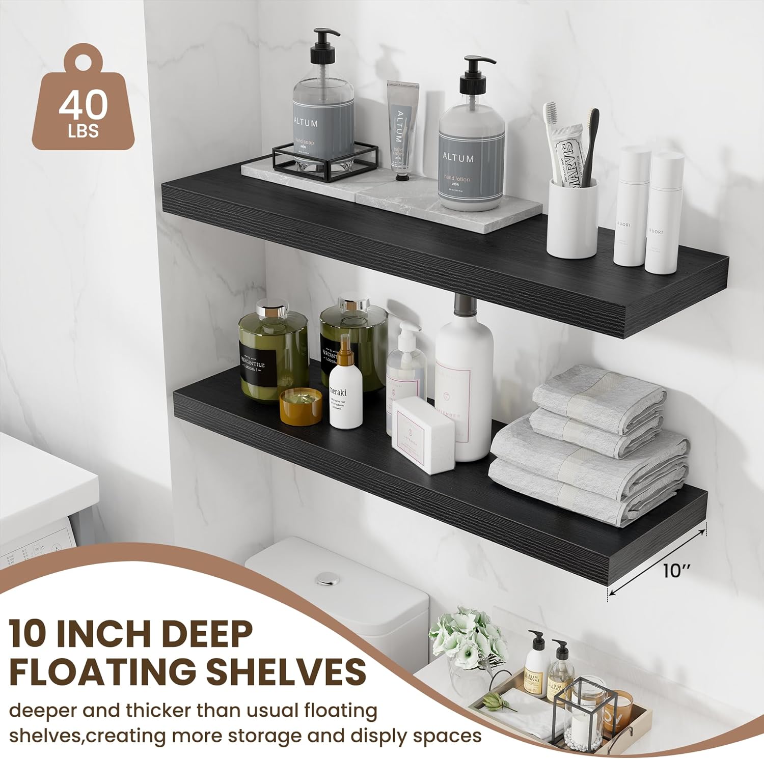 Fun Memories Floating Shelves for Wall 36 Inches, Wood Shelves with Invisible Bracket, 10" Deep
