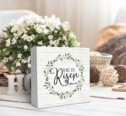 SRADMO He Is Resen Wood Box Sign Desk Decor, Christian Decor Wooden Sign Decoration For Home