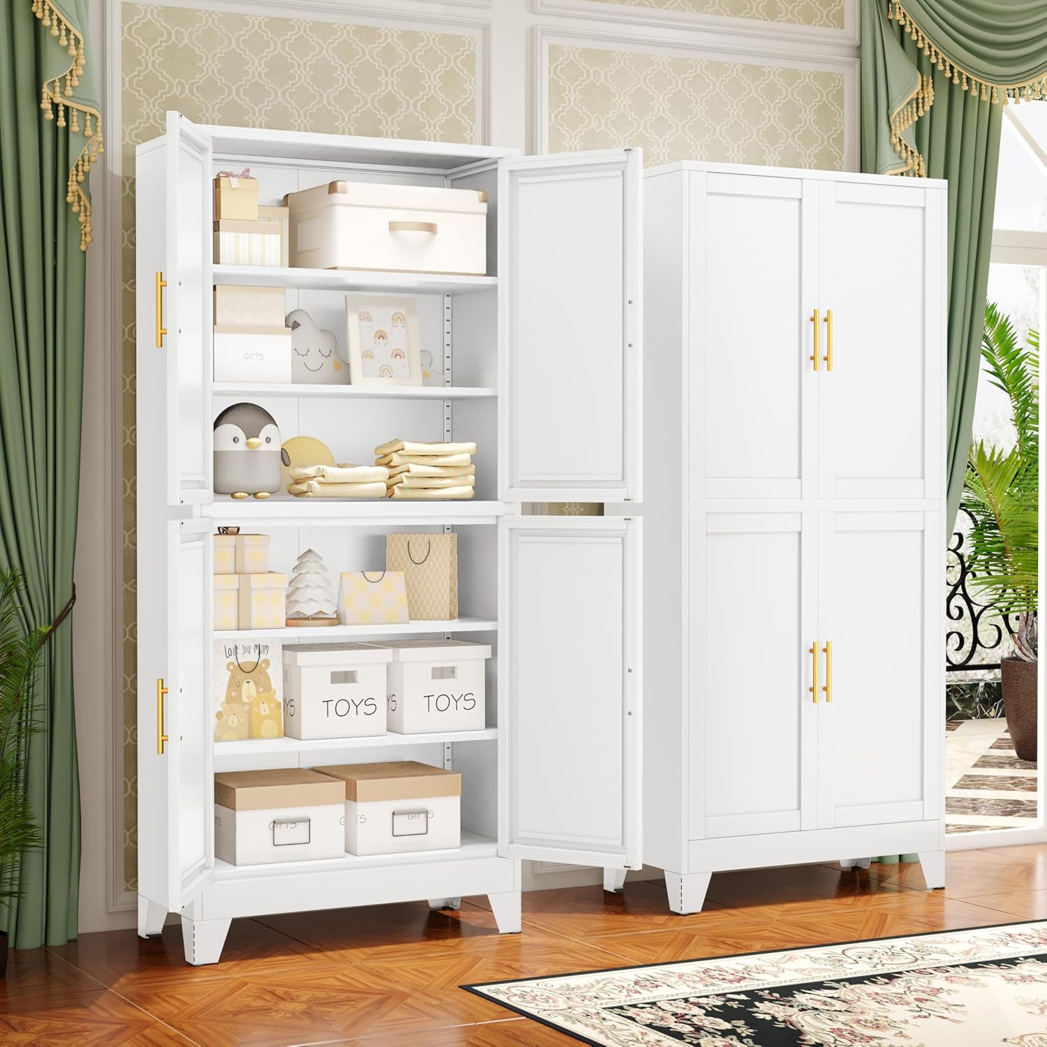 75.2" Tall Metal Pantry Cabinet, Kitchen Pantry Storage Cabinets with 4 Door and 4 Adjustable