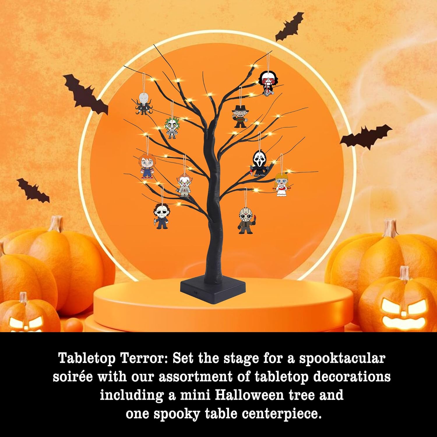 Black Halloween Tree with LED Lights and Spooky Wooden Hanging Ornaments Horror Movie Ornaments