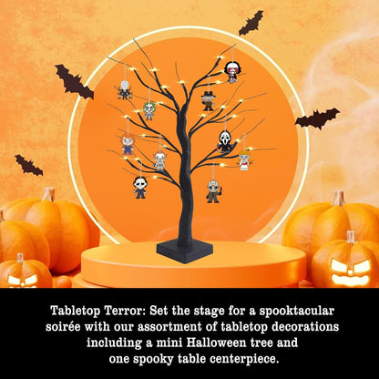 Black Halloween Tree with LED Lights and Spooky Wooden Hanging Ornaments Horror Movie Ornaments