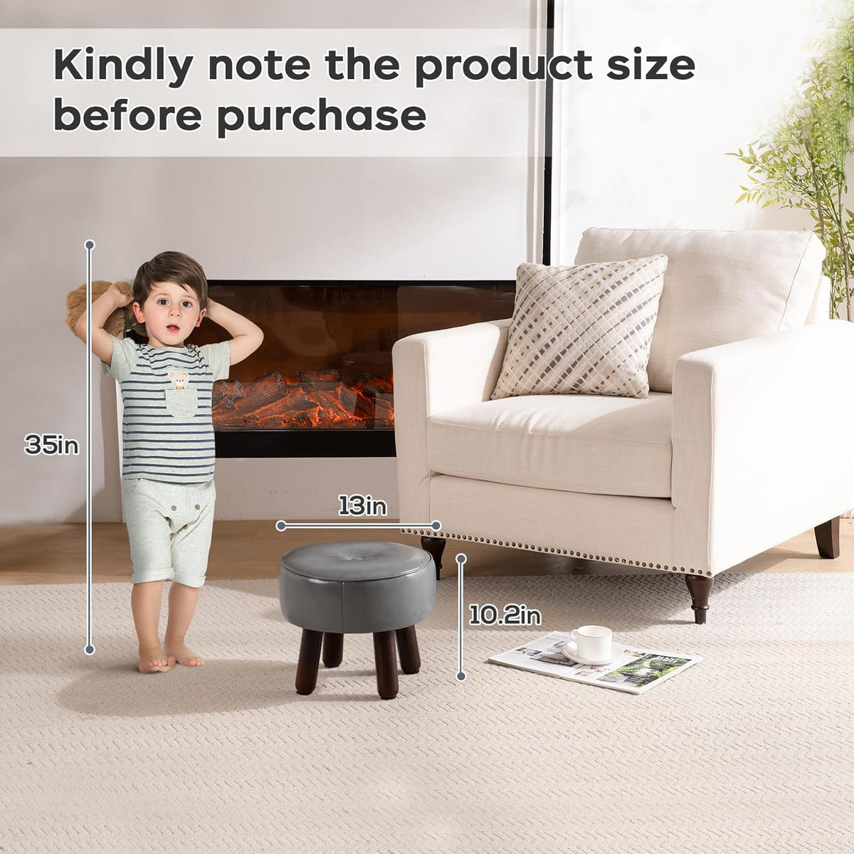 Ottoman, Small Foot Stool, Round Leather Pouf Ottoman, 13''L x 13''W x 10.2''H Foot Rest with