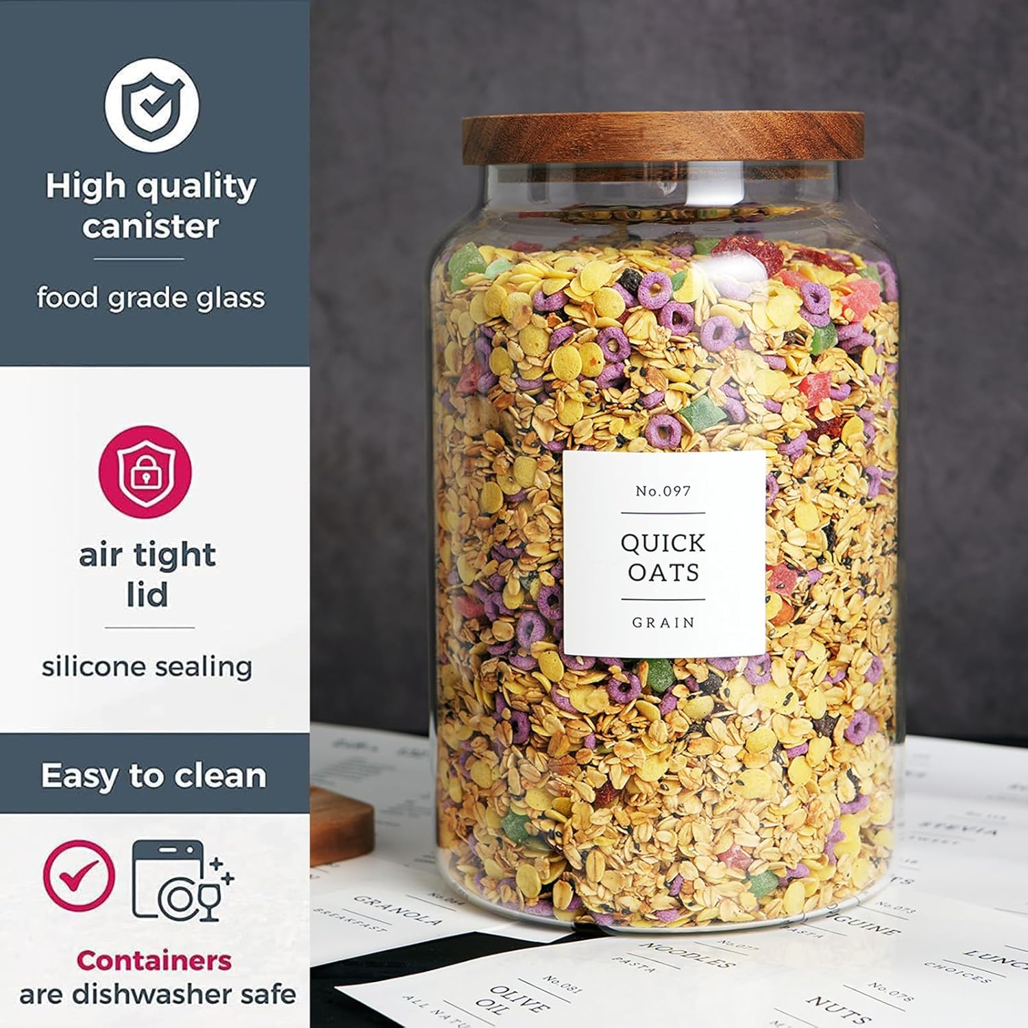 Set of 2 Large Glass Flour and Sugar Containers with 132 Pantry Labels - Glass Food Storage Jars