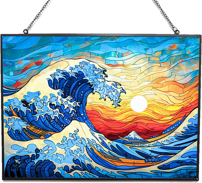 Rectangle Ocean Wave Stained Glass Suncatcher 4 Season Colorful Window Wall Ornament Hand-Painted