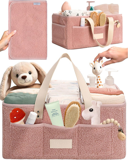 Baby Diaper Caddy Organizer with Portable Changing Mat - Teddy Fleece Diaper Organizer for Changing