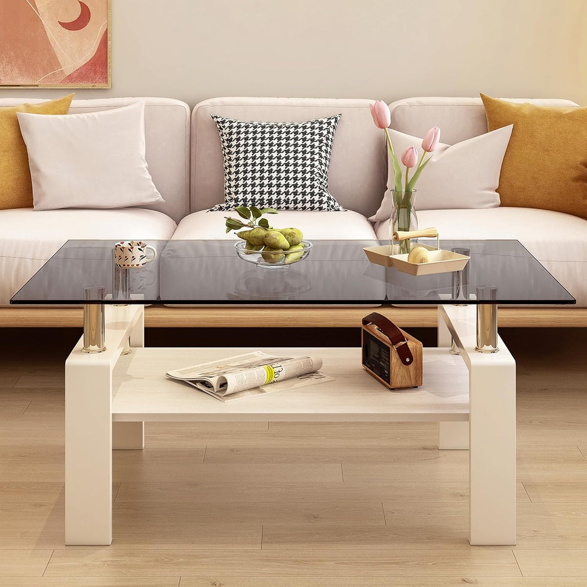 Glass Coffee Table Rectangle Living Room Center Table, with Gray Tempered Glass Tabletop and White