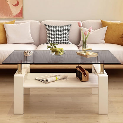 Glass Coffee Table Rectangle Living Room Center Table, with Gray Tempered Glass Tabletop and White
