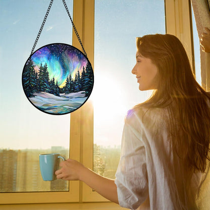 Stained Glass Window Hanging, Aurora Landscape Sun Catchers Glass Panel Green Trees Suncatcher