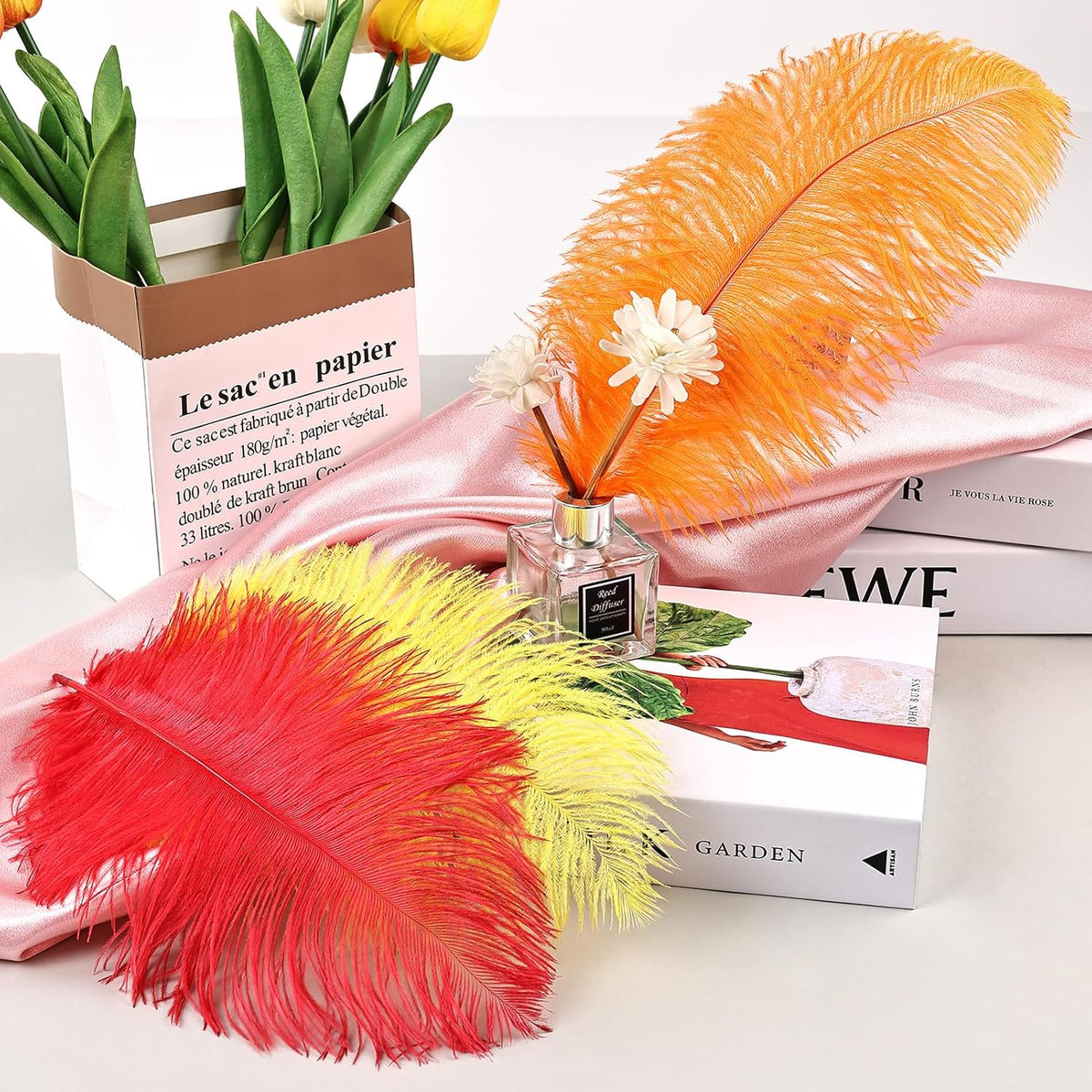 THARAHT Red Orange Yellow Ostrich Feathers 12pcs Natural Bulk 10-12Inch 25cm-30cm for Crafts