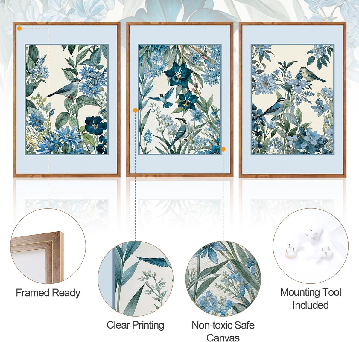 Aurlan Vintage Blue Birds and Botanical Framed Wall Art(24"x36"), 3PCS Classic Chinoiserie Audubon
