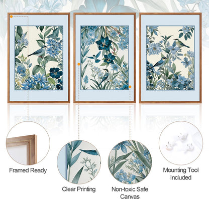 Aurlan Vintage Blue Birds and Botanical Framed Wall Art(24"x36"), 3PCS Classic Chinoiserie Audubon