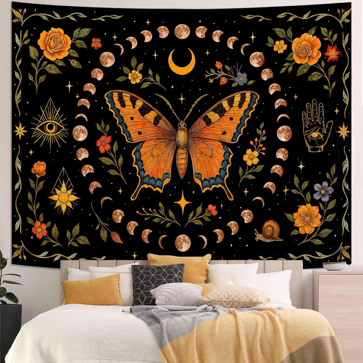 Lunerfex Moon Phase Butterfly Floral Wall Tapestry, Celestial Botanical Tapestries for Room Decor