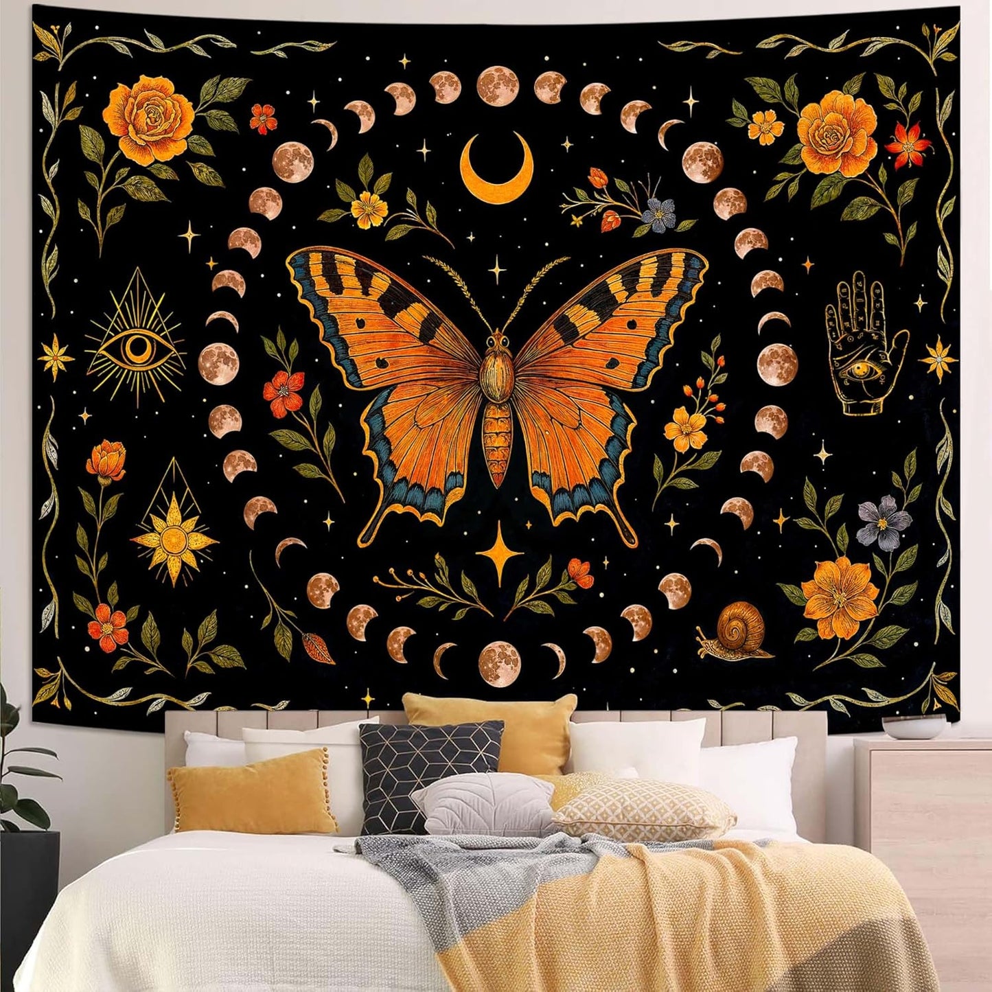Lunerfex Moon Phase Butterfly Floral Wall Tapestry, Celestial Botanical Tapestries for Room Decor