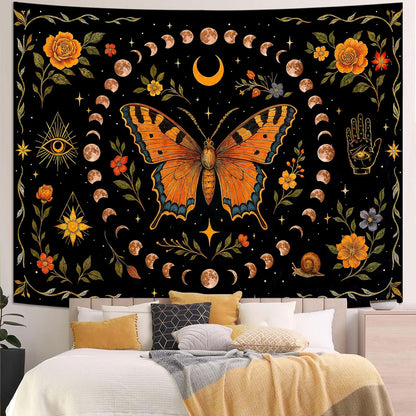 Lunerfex Moon Phase Butterfly Floral Wall Tapestry, Celestial Botanical Tapestries for Room Decor