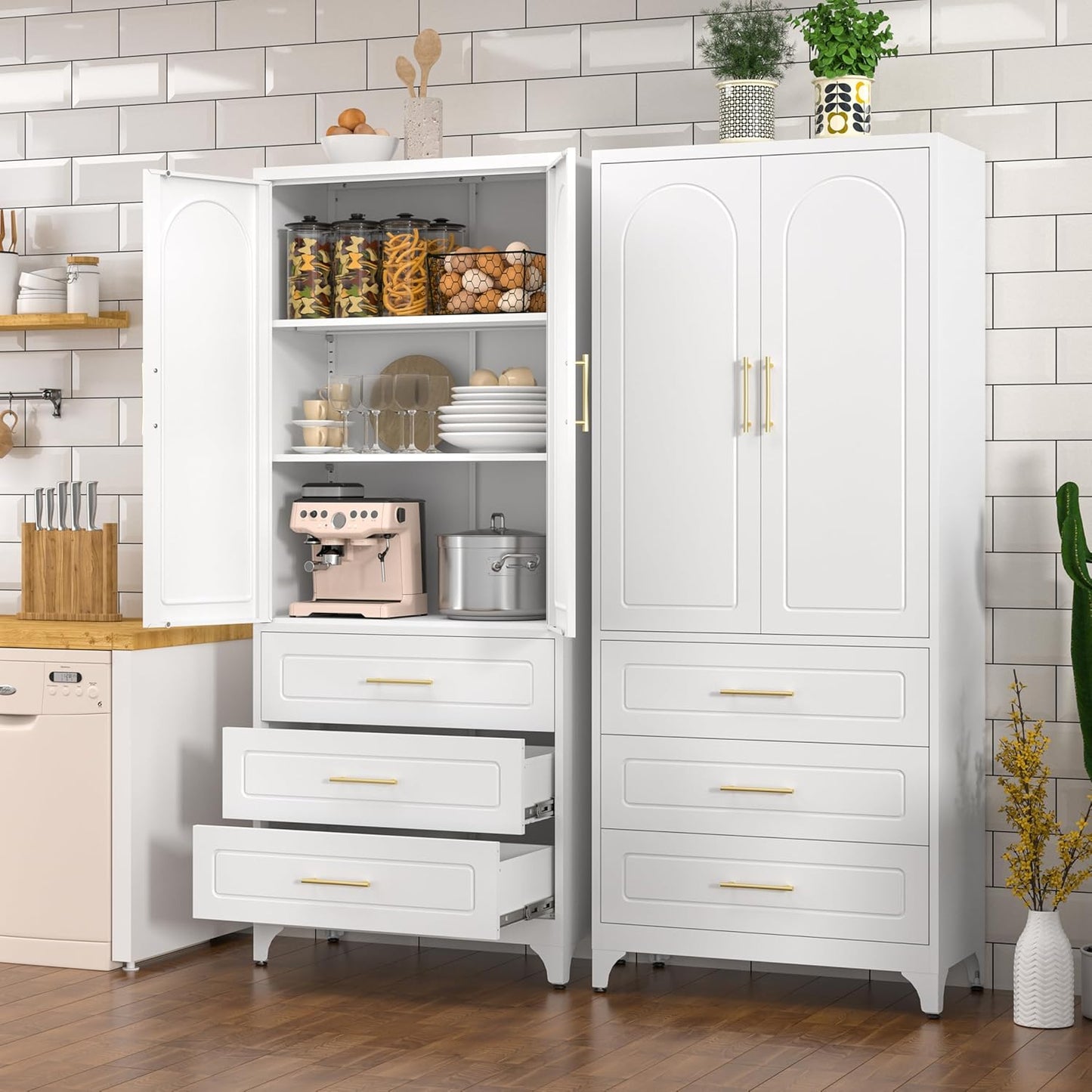 Kitchen Pantry Cabinet, 75" Tall Pantry Cabinet with Three Drawers, Freestanding Food Cupboard with